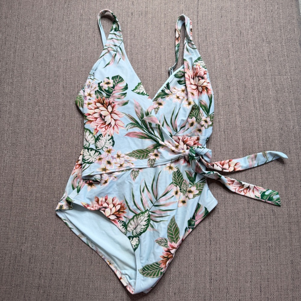 Palisades Beach Club Blue Tropical Floral Wrap One Piece Swimsuit PB09 Large - Picture 1 of 8